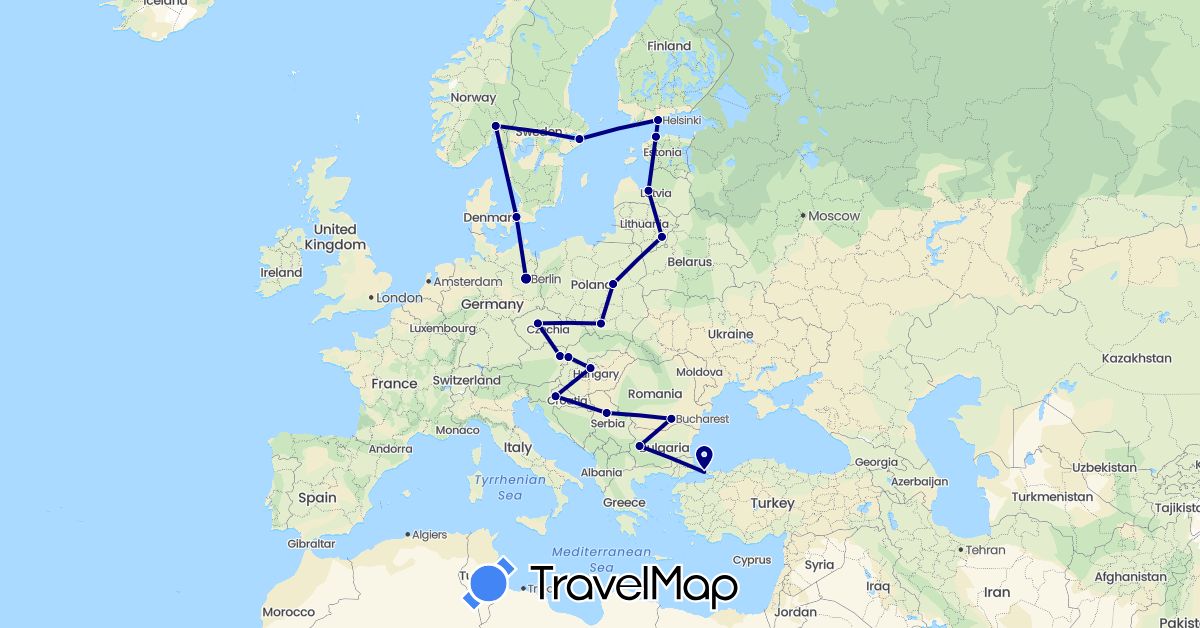 TravelMap itinerary: driving in Austria, Bulgaria, Czech Republic, Germany, Denmark, Finland, Croatia, Hungary, Lithuania, Latvia, Norway, Poland, Romania, Serbia, Russia, Sweden, Slovakia, Turkey (Asia, Europe)